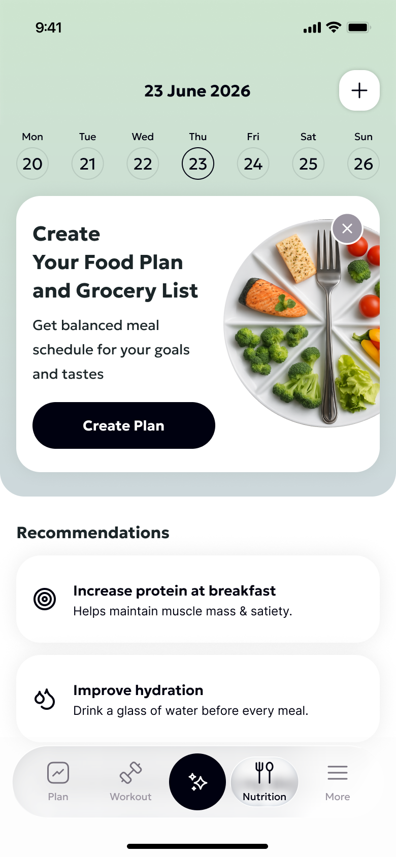 Nutrition plan screen